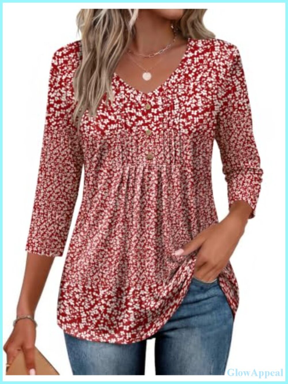 Ekouaer Women's 3/4 Sleeve V Neck Pleated Blouse Top